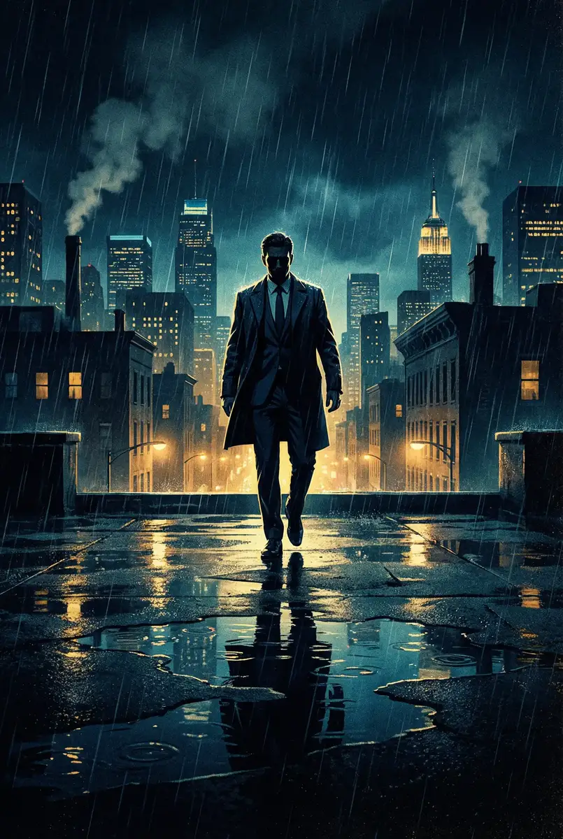 阿卡丽攻略 出品影片《雨夜独行者》海报，雨中城市屋顶男性剪影